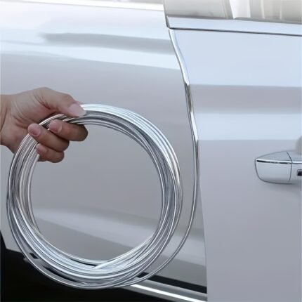 5M Car Door Chrome Molding Decorative Strip Edge Scratches Rear Bumper Protector Cover With Rolled Chrome Molding Decorative Strip To Prevent Scratches, Universal For All Cars