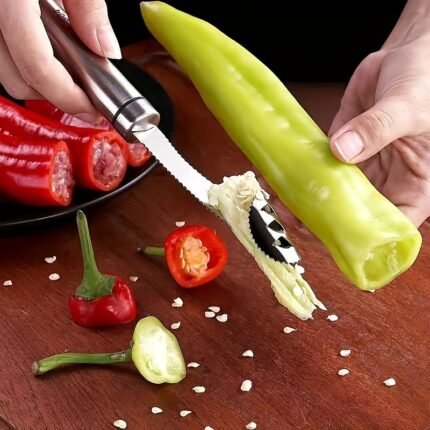 1Pc, Stainless Steel Pepper Corer, Pepper Dust Collector, Home, Outdoor, Rv Kitchen Corer And Seed Removal, Tiger Light Beige Pepper Bitter Melon Corer Small Tool Rv Kitchen Cooktop Accessories