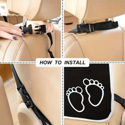 Durable Oxford Cloth Car Seat Back Protector - Anti-Kick Mat With Footprint Design For Easy Installation, Black & White, Fits Most Vehicles, Back Seat Protector