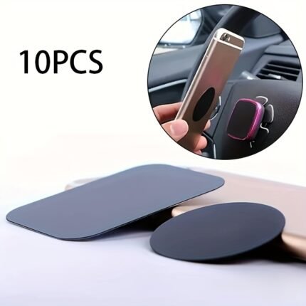 10 Sets Of Accessories For Phones, Consisting Of 5 Circles And 5 Rectangles, With Magnetic Sheets For Phone Holders Made Of Stainless Steel Circular Magnetic Patches, Circular Ultra-Thin Golden Magnetic Sheets, And Rectangular Iron Sheets.