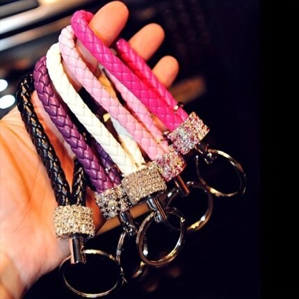 Diy Braided Rope Rhinestone Car Keychain Monochrome Creative Key Pendant Car Key Ring Fashion Colorful Key Jewelry