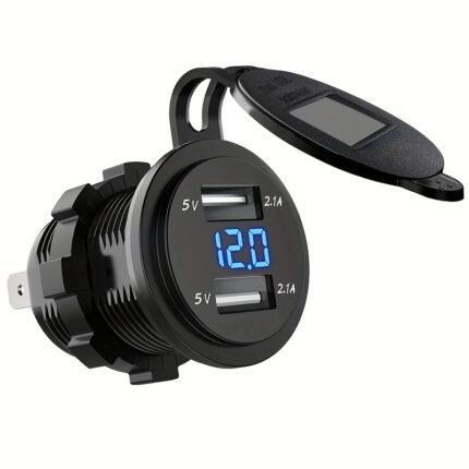 Eafc Dual Usb Charger With Voltmeter - 5V 2.1A, 12-24V Car Charger For Boats & Motorcycles, 10A Fuse, Blue Led Display, Black And Durable, Motorcycle Charger|Digital Voltmeter|Durable Construction, Motorcycle Accessories, Without Battery