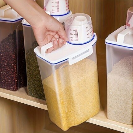 1Pc Airtight Rice Bucket With Measuring Cup - Large Capacity Grain Storage Container, Pouring Spout, Moisture & - Ideal For Rice, Cereal, Flour, Pet Food - Pp Material, Food-Safe Kitchen Organizer For Home And Rv, Without Battery