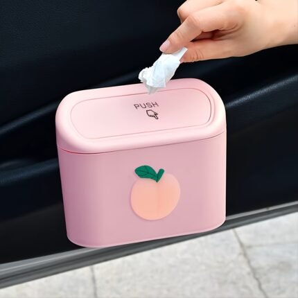 Car Trash Can With Cartoon Pvc Sticker, Press-To-Open Flip Lid, Sealed Garbage Storage Bin, Car Trash Can, Miscellaneous Storage