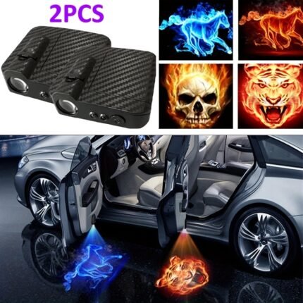 2Pcs Wireless Led Car Door Projector Lights - 3D Blue Fire Tiger & Horse Designs, No-Drill Installation, Energy-Efficient, Welcome, Skull