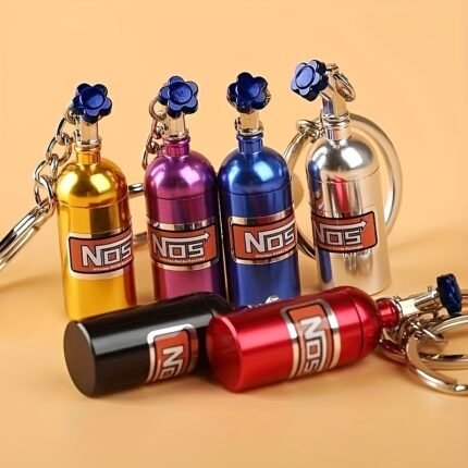 1Pc Nos Nitrogen Gas Bottle Keychain - Durable Zinc Alloy, Multi-Color Options (Yellow, Purple, Blue, Red) With Metallic Clips & Car Key Ring - Ideal Gift For Car Enthusiasts, Car Keychain Accessories, Vehicle Accessory, Sleek Design, Metallic Clips