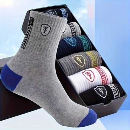 5 Pairs Men'S Athletic Ankle Socks - Breathable, Sweat-Absorbing Knit Fabric With Embroidered Crests, Ideal For Daily Wear & Outdoor Activities, Including Red, White, Blue, Green, Blac