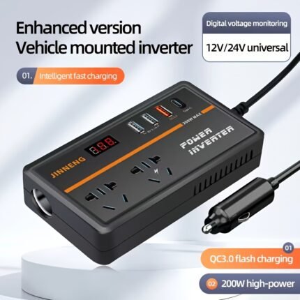 A Power Conversion Transformer For Cars And Trucks That Changes 12V Or 24V To 220V, Featuring Usb Fast Charging And A Digital Voltage Display, Without Battery