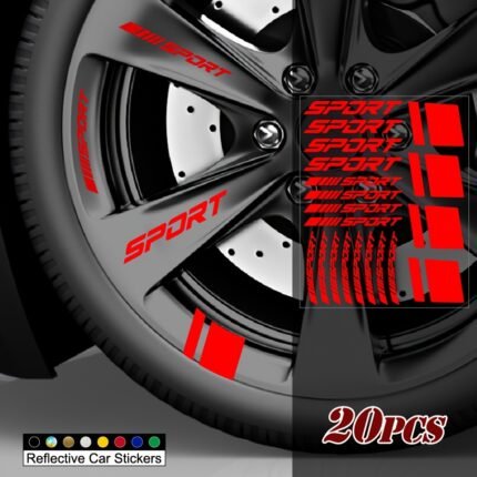 Cocboni 20Pcs Reflective Car Wheel Rim Vinyl Stickers, Sport Hash Mark Stripe Racing Wheel Hub Decals, Geometric Pattern, Self-Adhesive, Single Use, High Gloss Surface Treatment, Irregular Shape