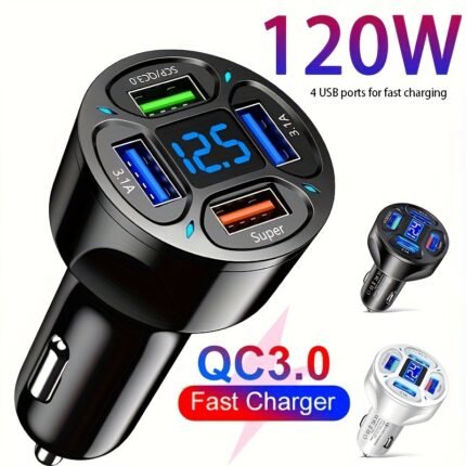 120W Car Charger Fast Charging 4 Usb Digital Display Car Fast Charger 4-In-1 Pd Mobile Phone Charging Head 7Aqc3.0 Car Phone Adapter Car Accessories