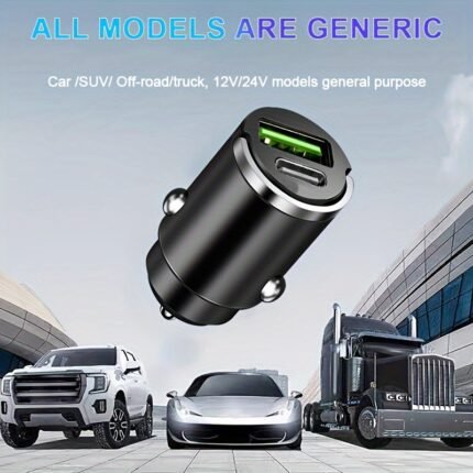 1Pc Universal Dual Port Usb & Type-C Car Charger With Metal Pull Ring, Pd Super Fast Charging, Invisible Design, Anti-Slip Grip, Suitable For All Vehicles - 12V/24V Compatible, Without Battery