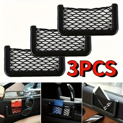 3Pcs Durable Plastic Car Seat Side Storage Mesh Bags With Double-Sided Elastic Rope For Vehicle Organization