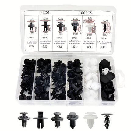 100Pcs Auto Fastener Removal Tool Kit, Car Door Panel Trim Clips & Bumper Rivets, 6 Sizes, Durable Plastic Construction, With Handheld Puller For Interior & Exterior Trim Fixation, Without Battery