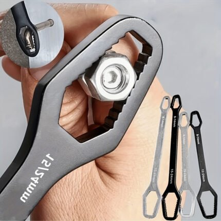 1Pc Multipurpose Black 5Mm Thick Torx Wrench, Adjustable Self-Tightening Dual-Head Spanner With 3-17Mm Adapters, Durable Steel Manual Tool For Automotive & Home Repairs