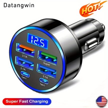 Datangwin, 6-In-1 Fast Car Charger With Usb-C, Dual Pd & Qc3.0, 4 Usb Ports, Voltage Display - Compatible With Iphone, Samsung, Huawei, Xiaomi - Matte Finish, Portable Charger, Car Charge, Without Battery
