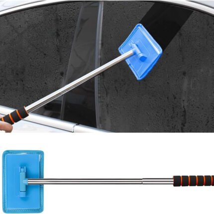 Car Windshield Cleaner Tool, Vehicle Window Cleaning Tool With Extendable Handle & Reusable Microfiber Pads, Automotive Windscreen Washing Accessories, Universal For Vehicles, Home (Blue)