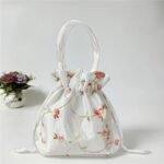 1Pc Elegant Floral Embroidered Clutch For Women - Chic Drawstring Bucket Bag With Polyester Lining, Perfect For Coins & Phone, Available In White & Pink, Cute Purse - Image 11