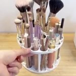 360? Rotating Brush Holder - Glazed Plastic Insert Stand, Suitable For Art Brushes, Pens, Makeup Tools - Space-Saving White Desktop Accessory - Image 8