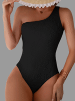1Pc Elegant One-Shoulder Solid Color Women'S One-Piece Swimsuit, High Stretch Polyamide With Elastane Lining, Asymmetrical Push-Up Top, Removable Padding, Knit Fabric, Conventional Bottom - Image 3