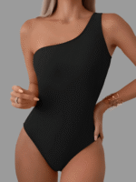 1Pc Elegant One-Shoulder Solid Color Women'S One-Piece Swimsuit, High Stretch Polyamide With Elastane Lining, Asymmetrical Push-Up Top, Removable Padding, Knit Fabric, Conventional Bottom