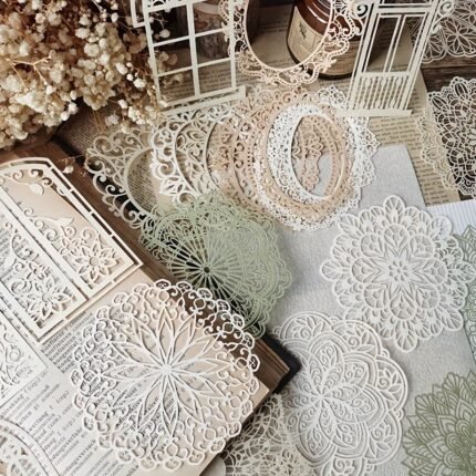 10Pcs/Pack, Vintage Lace Hollow Material Paper Decorative Scrapbooking Diary Album Hand Made Collage Material Background Paper, Junk Journal Decor Supplies, Diy Junk Journal Decoration Label Stickers, Party Favor