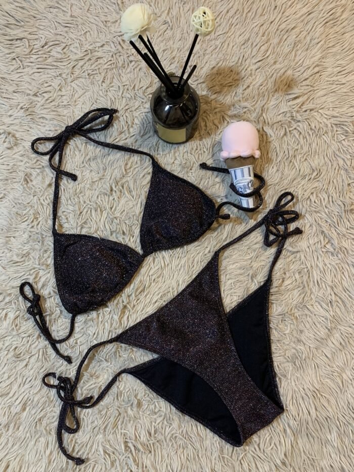 Glittering Fabrics Triangle Bikini Sets, Halter Neck Tie Side High Cut Two Piece Swimsuit, Women'S Swimwear & Clothing Valentine'S Day - Image 2