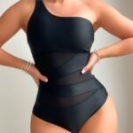 Cufflle Women'S Sexy One Shoulder Swimsuit - Tummy Control Contrast Mesh Bathing Suit With Removable Chest Pads & High Elasticity, Solid Black Elegant Design For Beach, Pool, Summer Swimming, High Waisted Swimsuit, Beachwear, Sensual Swimwear, Adjustable Comfort Fit