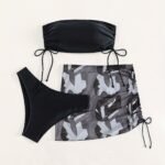 Black Solid Color Bikini Three-Piece Set With A Drawstring Sheer Skirt For Women