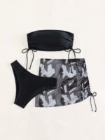 Black Solid Color Bikini Three-Piece Set With A Drawstring Sheer Skirt For Women
