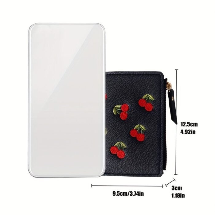 1Pc Women'S Cherry Embroidery Wallet, Casual Slim Zipper Closure With Polyester Lining And Zip Pocket, Small Leather Wallet Zipper - Image 2