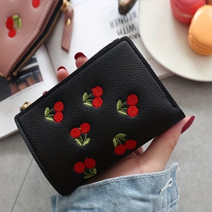 1Pc Women'S Cherry Embroidery Wallet, Casual Slim Zipper Closure With Polyester Lining And Zip Pocket, Small Leather Wallet Zipper - Image 8
