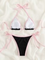 Contrast Trim Tie Side 2 Piece Bikini Swimsuit, Triangle Halter Tie Back Neck Stretchy Beachwear, Cute & Sexy, Women'S Swimwear & Clothing - Image 4