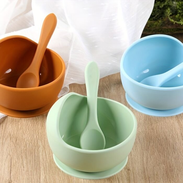 1 Set Of 2Pcs Silicone Bowl Spoon Children'S Bowl, Silicone Suction Cup, Bowl Spoon Set, Tableware, Anti Fall Complementary Food Training Bowl, Children'S Bowl, Silicone Straw, Bowl Spoon Set, Tableware, Integrated Portable Anti Slip - Image 1