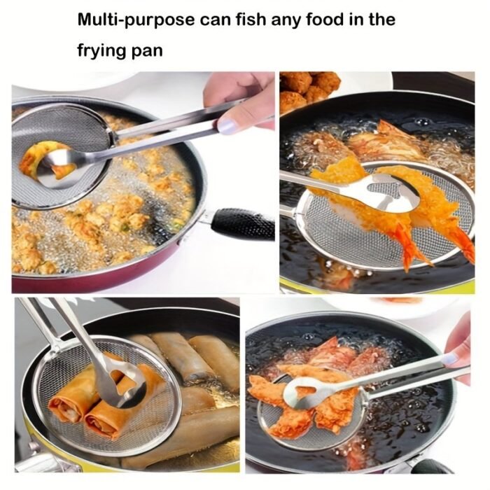 1Pc Shaon Stainless Steel Frying Oil Filter Clamp With Fine Mesh Screen - High-Temp Resistant Oil Scoop & Food Clamp For Frying, Dumplings, Spring Rolls - Durable Kitchen Tool For Hot Oil Drainage & Safe Cooking, Ergonomic Handle, Sturdy Construction, Professional Chefs - Image 5