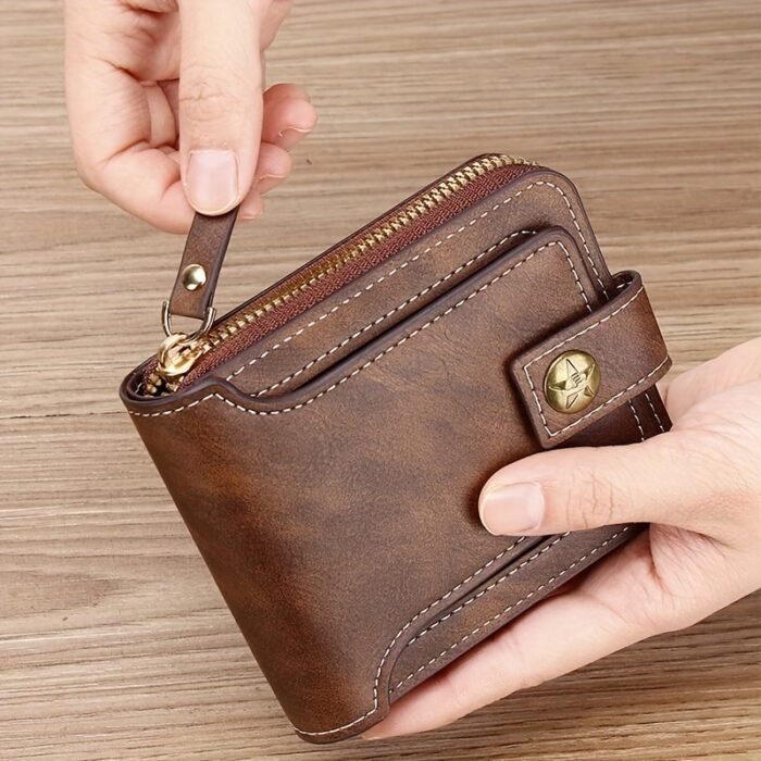 1Pc Men'S Pu Button Decor Zipper Bag, Small Credit Card Holder, Bifold Wallet, Simple Portable Wallet - Image 1