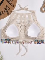 1Pc Boho Chic Hollow-Out Crochet Halter Neck Tankini Top For Women, Knitted Rayon/Viscose Fabric, Adult Beachwear With Built-In Padding, Solid Color Design, Stretchable, 130G/M? Lightweight - Image 4