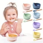 1Set Baby Feeding Bowl And Spoon Set, Silicone Baby Bowl Suction Cup With Wooden Spoon Silicone Suction Base Non Slip Baby First Feeding Kit Gift For Toddler Children Girls Boys, Halloween, Thanksgiving, Christmas Gift