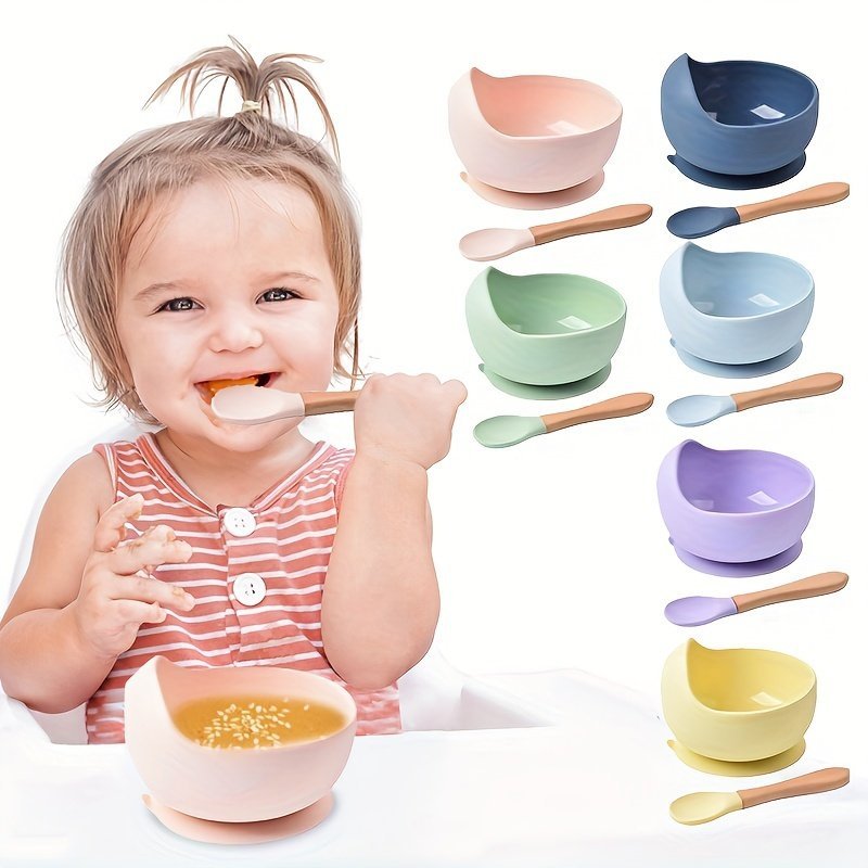 product-Fancyalgo-VirtualModelMatting-42fd40669a2ca618751b14889f2551ec.jpg 1Set Baby Feeding Bowl And Spoon Set, Silicone Baby Bowl Suction Cup With Wooden Spoon Silicone Suction Base Non Slip Baby First Feeding Kit Gift For Toddler Children Girls Boys, Halloween, Thanksgiving, Christmas Gift - Image 1