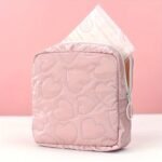 1Pc Quilted Heart Pattern Sanitary Napkin Storage Bag For Women - Cute & Cosmetic Organizer, Pu, Zip Closure - Available In Gray, Yellow, Light Blue, White - Image 9