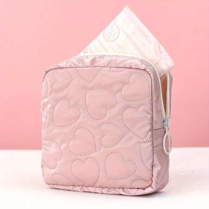 1Pc Quilted Heart Pattern Sanitary Napkin Storage Bag For Women - Cute & Cosmetic Organizer, Pu, Zip Closure - Available In Gray, Yellow, Light Blue, White - Image 9
