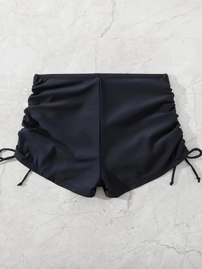 Drawstring Side Plain Black Swim Bottoms, High Waisted Stretchy Comfy Swimming Boxer Shorts, Women'S Swimwear & Clothing - Image 3