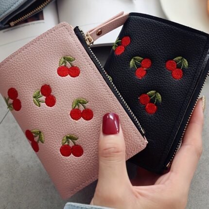 1Pc Women'S Cherry Embroidery Wallet, Casual Slim Zipper Closure With Polyester Lining And Zip Pocket, Small Leather Wallet Zipper