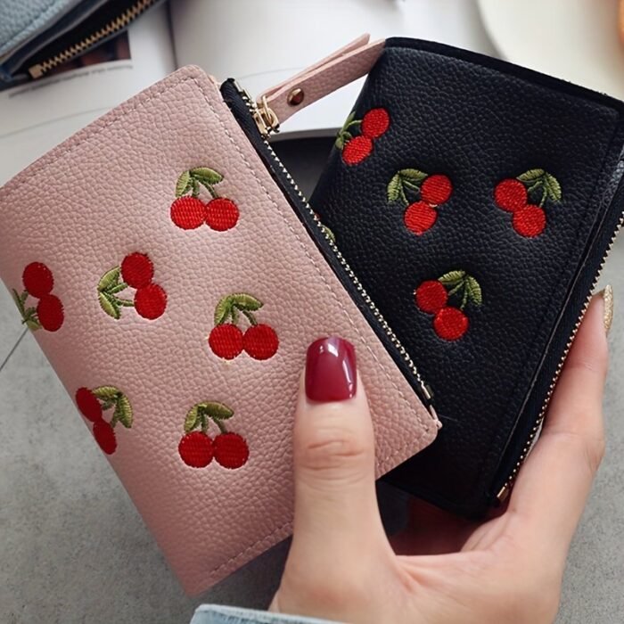 1Pc Women'S Cherry Embroidery Wallet, Casual Slim Zipper Closure With Polyester Lining And Zip Pocket, Small Leather Wallet Zipper - Image 1
