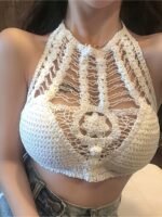 Bohemian Ethnic Women'S Swimsuit Top - Lace-Up Halterneck With Chest Cut-Outs, Geometric Embroidery & Adjustable Suspender Straps, Non-Removable Padded Cups, Hand Wash Only, Beachwear Fashion, Laceup Detailing, Intricate Embroidery, Stylish Swimwear, Summer Travelers