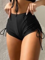 Drawstring Side Plain Black Swim Bottoms, High Waisted Stretchy Comfy Swimming Boxer Shorts, Women'S Swimwear & Clothing