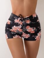 Floral Print Drawstring Waistband Trunks Bottoms, High Strech Black Stylish Swim Briefs, Women'S Swimwear & Clothing - Image 2