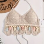 Bohemian Hollow Out Crochet Tassel Pom Pom Top, Halter Tie Neck Backless Padded Top, Women'S Swimwear & Clothing For Carnival & Music Festival