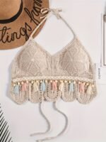 Bohemian Hollow Out Crochet Tassel Pom Pom Top, Halter Tie Neck Backless Padded Top, Women'S Swimwear & Clothing For Carnival & Music Festival