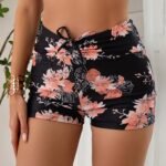 Floral Print Drawstring Waistband Trunks Bottoms, High Strech Black Stylish Swim Briefs, Women'S Swimwear & Clothing