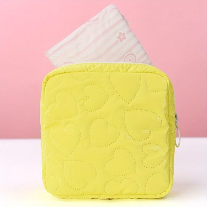 1Pc Quilted Heart Pattern Sanitary Napkin Storage Bag For Women - Cute & Cosmetic Organizer, Pu, Zip Closure - Available In Gray, Yellow, Light Blue, White - Image 11